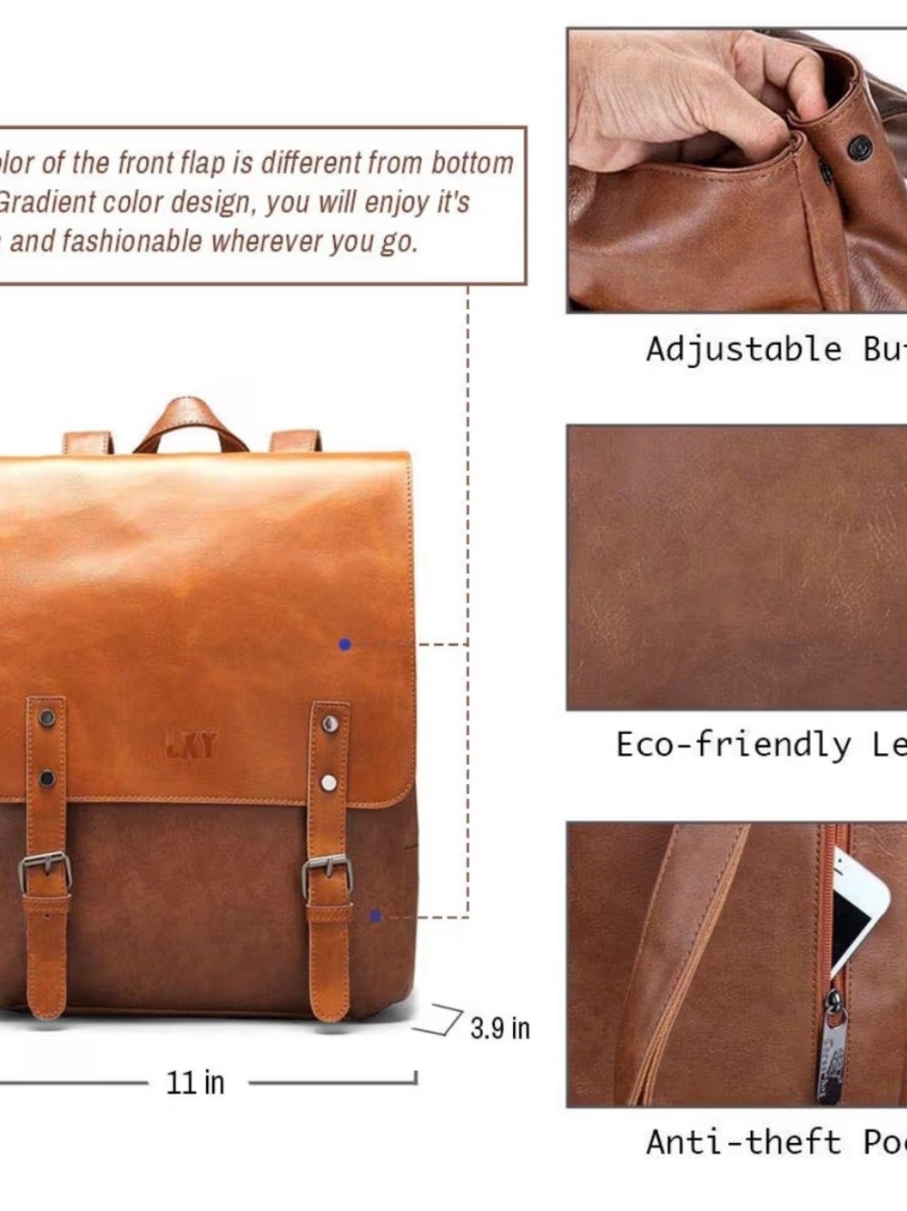 Unisex Brown Vegan Leather Backpack for Vintage Laptop Bag - Picture 3 of 4